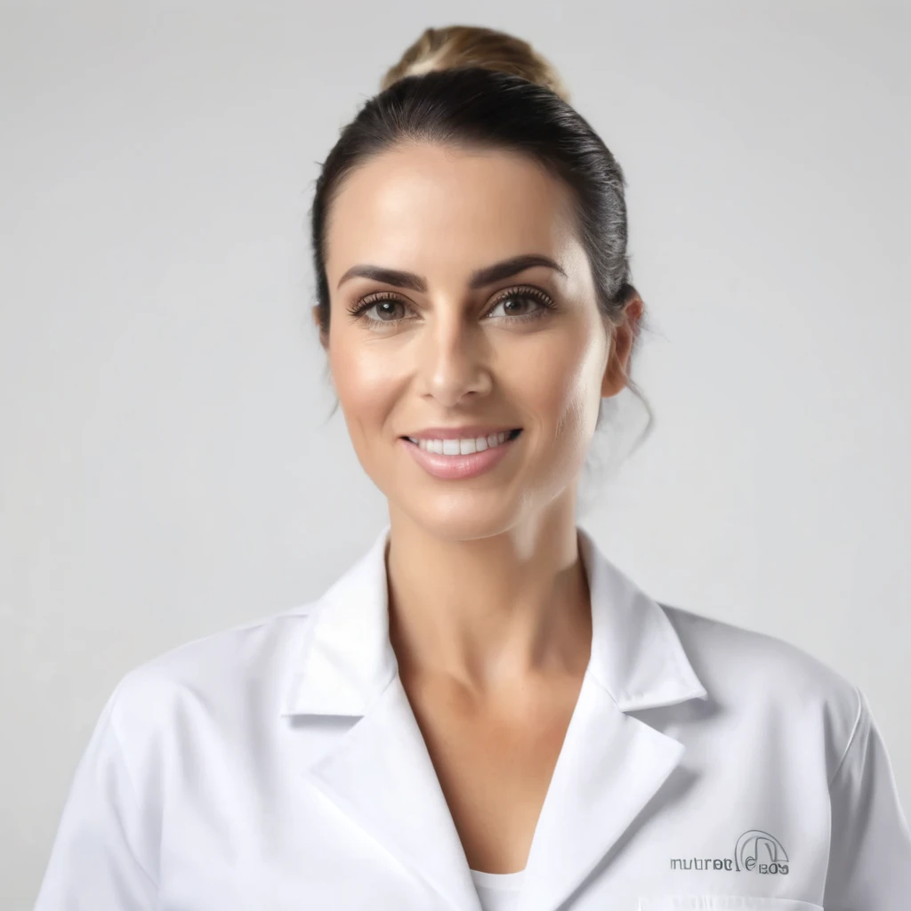 close Mulher de 28 anos, nutricionista de jaleco branco, fundo branco, foto deve parecer nomal, super realista, super detalhado, 4k