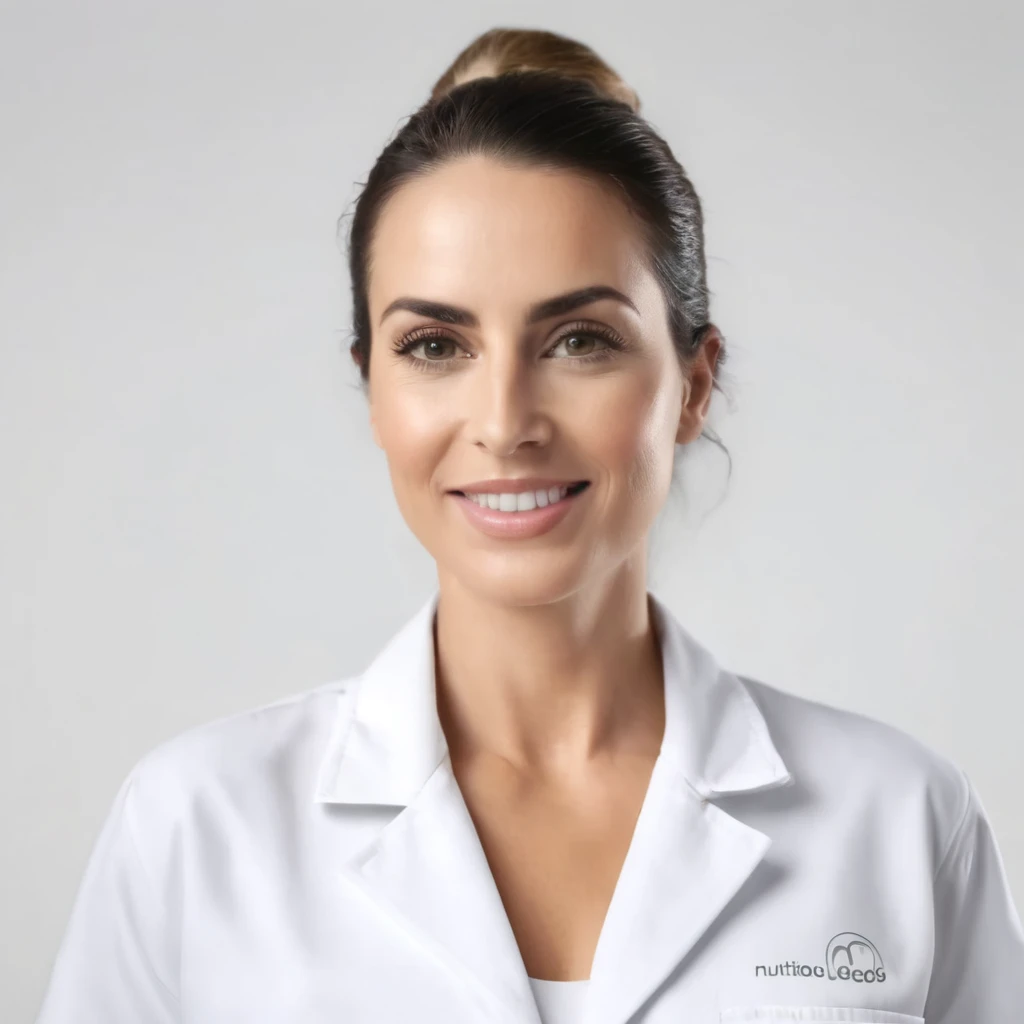 close Mulher de 28 anos, nutricionista de jaleco branco, fundo branco, foto deve parecer nomal, super realista, super detalhado, 4k