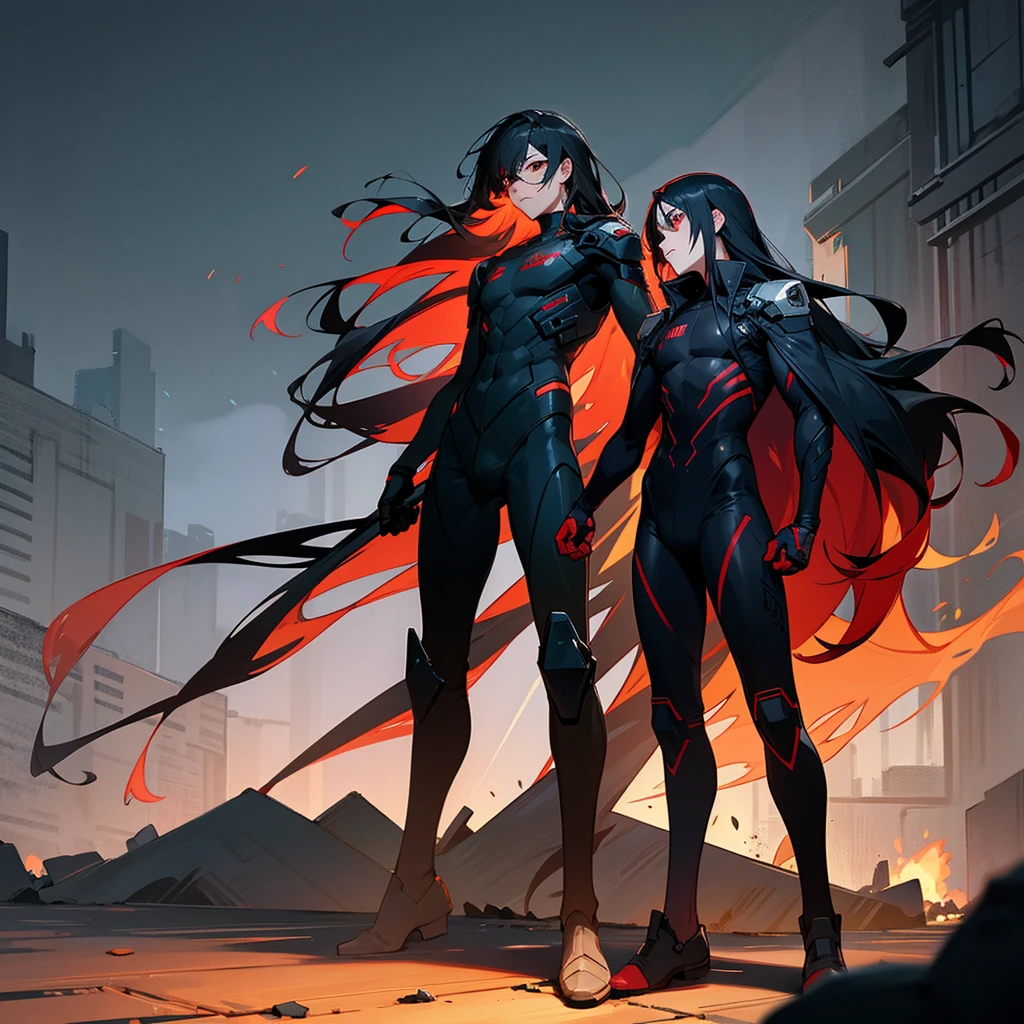 1male, young adult, finely detailed red eyes, wild long hair, black hair, eye patch, full body combat suits, standing on ruined building, night time, serious expression