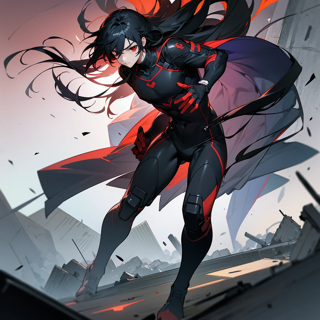 1male, young adult, finely detailed red eyes, wild long hair, black hair, eye patch, full body combat suits, standing on ruined building, night time, serious expression