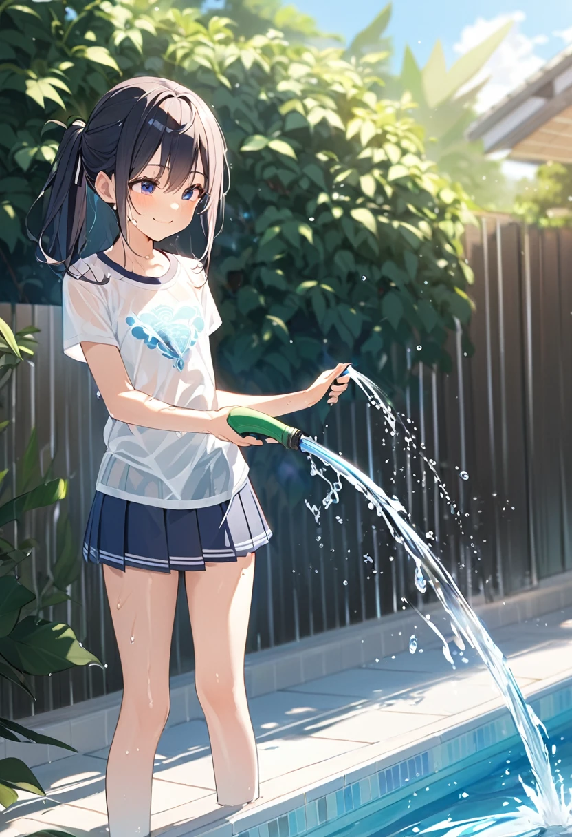 beautiful girl、16 years old、Flat Chest、Poolside、smile、Spraying water with a hose、High 、White shirt、Pleated skirt、See-through、Wet