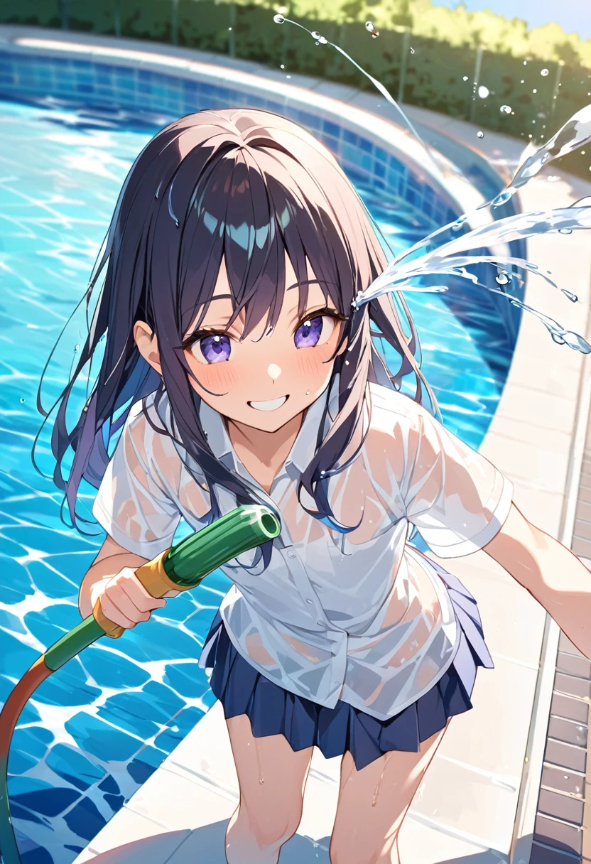 beautiful girl、16 years old、Flat Chest、Poolside、smile、Spraying water with a hose、High 、White shirt、Pleated skirt、See-through、Wet