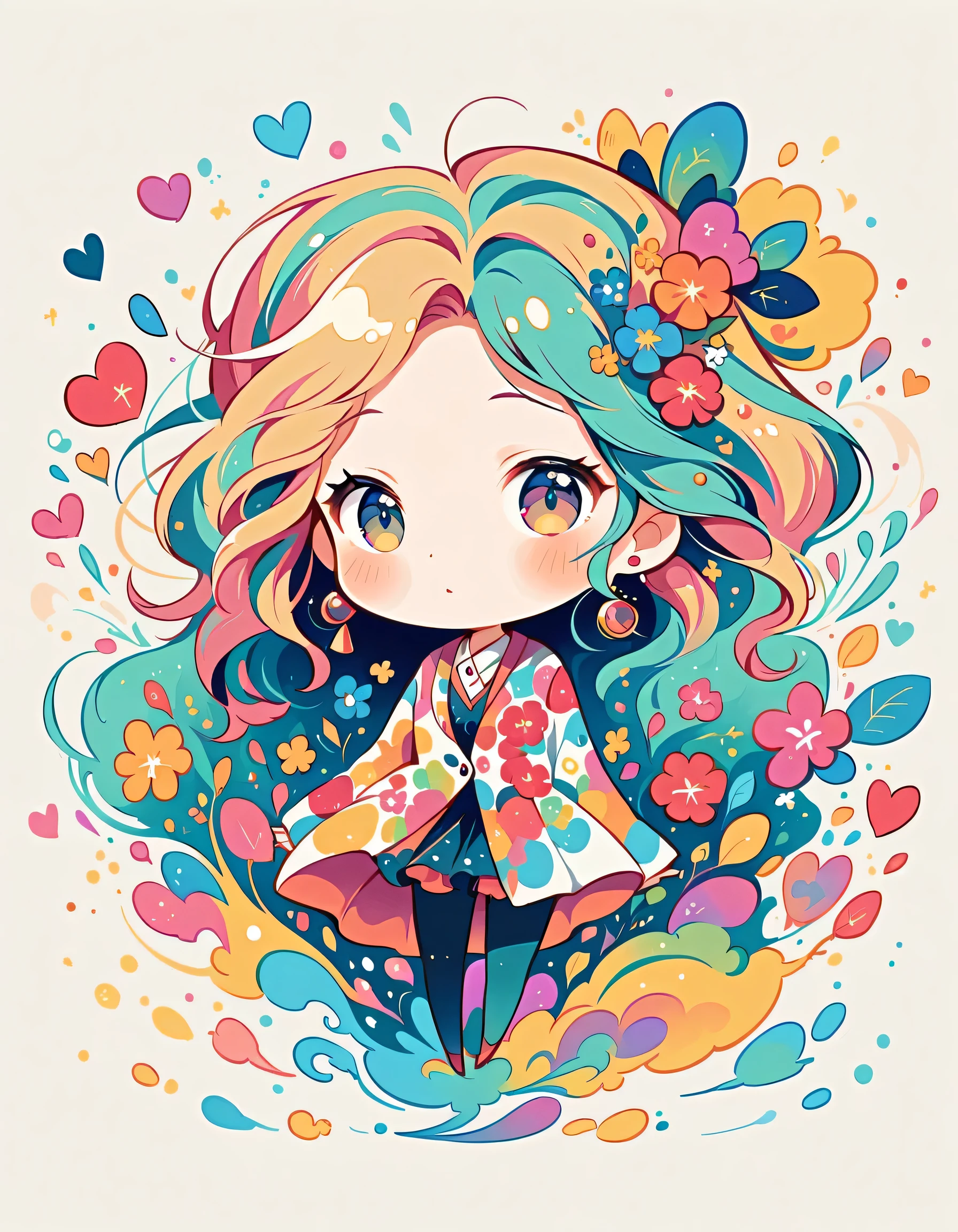 Seizo Watase style, Simple Line Initialism，Abstract art，Urban Background, colorful flowers, colorful hearts ,
(((The most beautiful girl of all time))), (((chibi)))