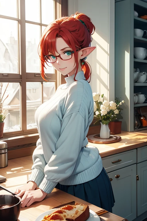 High quality very detailed clean image
1woman, milf, elf, citizen, crimson red hair tied in a ponytail with a white beautiful reibbon, 50 years old milf, fair skin, light blue green eyes, thin lips, medium big breasts, short pinted ears with tiny orange gems, kind smile, calm demeanor, pale white medium skirt, pale white sweater with blue painted details in sweater, square glasses, viking stailed house, viking stailed kitchen, windows, snow streets throught windows, kitchen cooking a cake, serving coffee