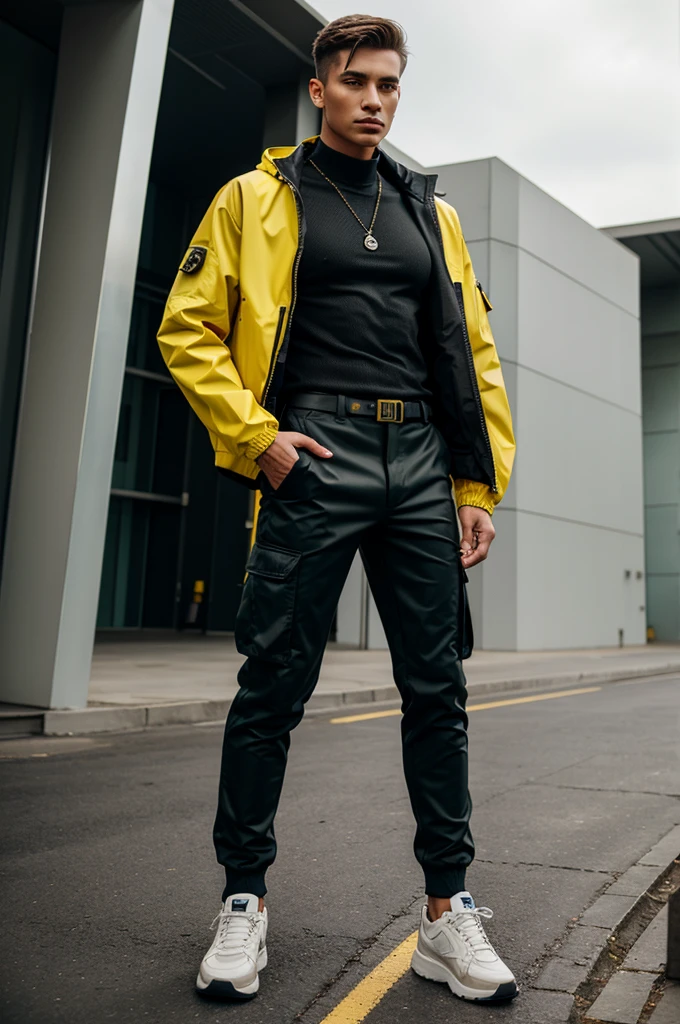 Fashion photography of a male wearing cargo pants and a futuristic yellow jacket