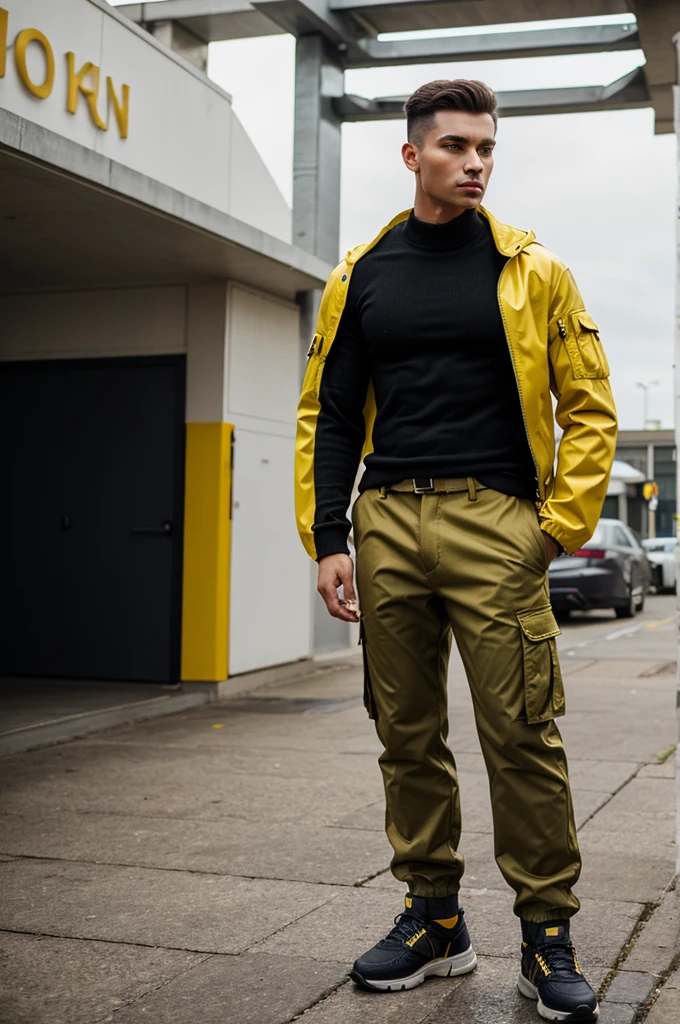 Fashion photography of a male wearing cargo pants and a futuristic yellow jacket