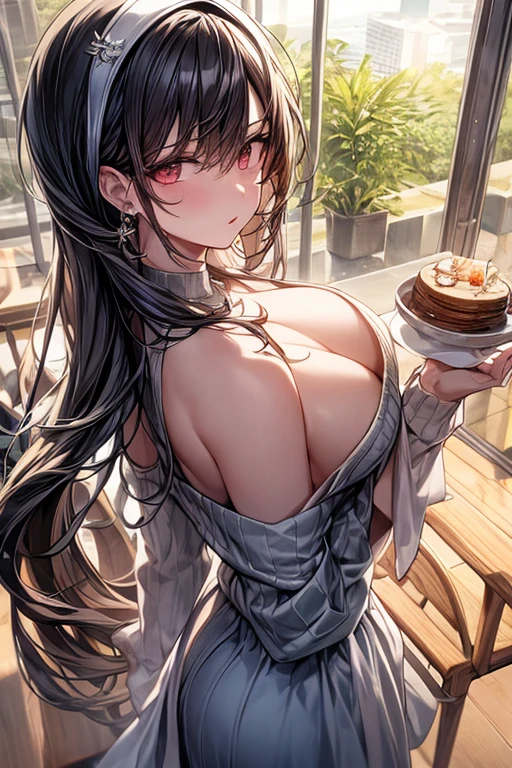 masterpiece, yor, 1girl, Amazing Cleavage:1.3, thin waist, big ass, Raised sexy, medium breast: 1.8 posed cleavage:1.2、solo, looking at viewer, open mouth, have a cup of coffee,black hair, red eyes, dress, bare shoulders, jewelry, collarbone, sidelocks, hairband, earrings, indoors, off shoulder, :o, sweater, arms behind back, plant, short hair with long locks, white hairband, off-shoulder dress, sweater dress, off-shoulder sweater, red sweater, big side hair, very long side hair,is rendered in (masterpiece: 1.2, best quality), with (ultra high resolution) and an exquisite (depth of field). This masterpiece is not only visually stunning but also tells, make of cake cooking ,in the kitchen