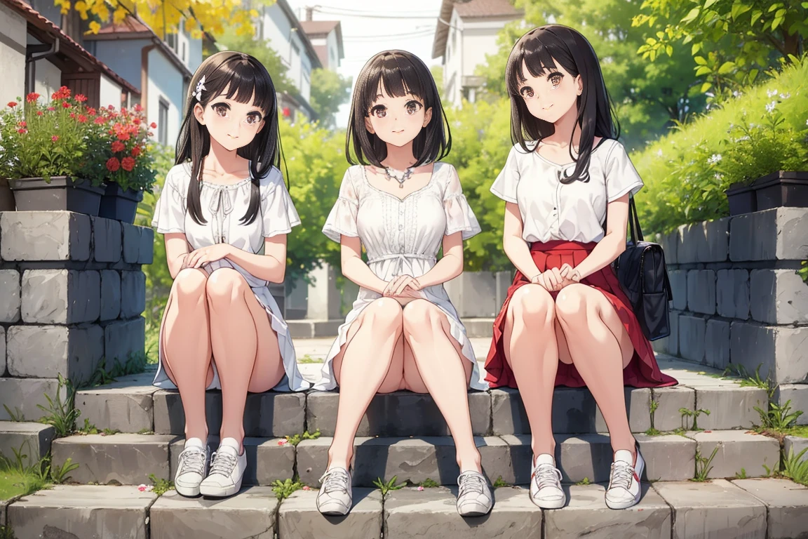 Three happy girls were sitting on the stone steps, Take a full body photo、Laughing happily、She was wearing a white blouse, Vans Sneakers, Red checked skirt、White sneakers, Black Hair, detached houses, Flowers,Happy girl with round face, Big eyes, Long eyelashes, Full-body display、Detailed Private Parts、Hairless、Detailed female genitalia、Spread your legs、From directly below、I see your white pants