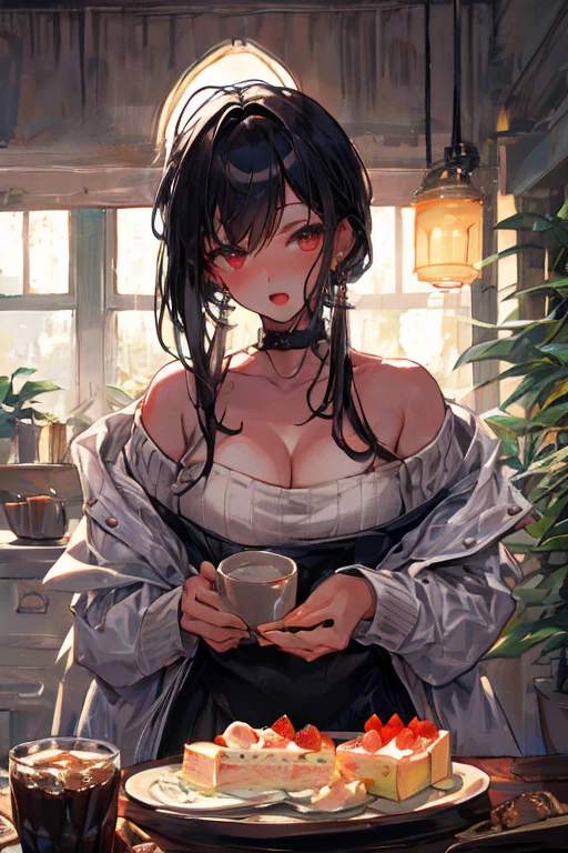 masterpiece, yor, 1girl, Amazing Cleavage:1.3, thin waist, big ass, Raised sexy, medium breast: 1.8 posed cleavage:1.2、solo, looking at viewer, open mouth, have a cup of coffee,black hair, red eyes, dress, bare shoulders, jewelry, collarbone, sidelocks, hairband, earrings, indoors, off shoulder, :o, sweater, arms behind back, plant, short hair with long locks, white hairband, off-shoulder dress, sweater dress, off-shoulder sweater, red sweater, big side hair, very long side hair,is rendered in (masterpiece: 1.2, best quality), with (ultra high resolution) and an exquisite (depth of field). This masterpiece is not only visually stunning but also tells, make of cake cooking ,in the kitchen