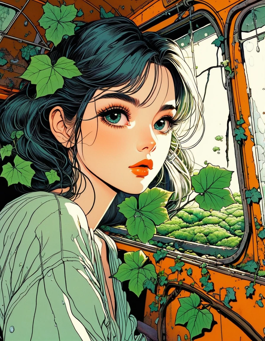 ((beautiful detail)))(cute face: 1.2) 1 sexy girl, shoot from the front, inside a decaying bus, sitting in the back seat, cracked window glass, humidity, moss, ivy, rust, atmosphere of melancholy (sharp lines: 1.2)(clear line:1.2),(eye details:1.3)(thick border:1.4)((masterpiece, high quality, best quality)),cartoon, sketch,Norman Rockwell style, more_details:-1, more_details:0, more_details:0.5, more_details:1, more_details:1.5, lofi art style, retro aesthetic, pop art, Range Murata
