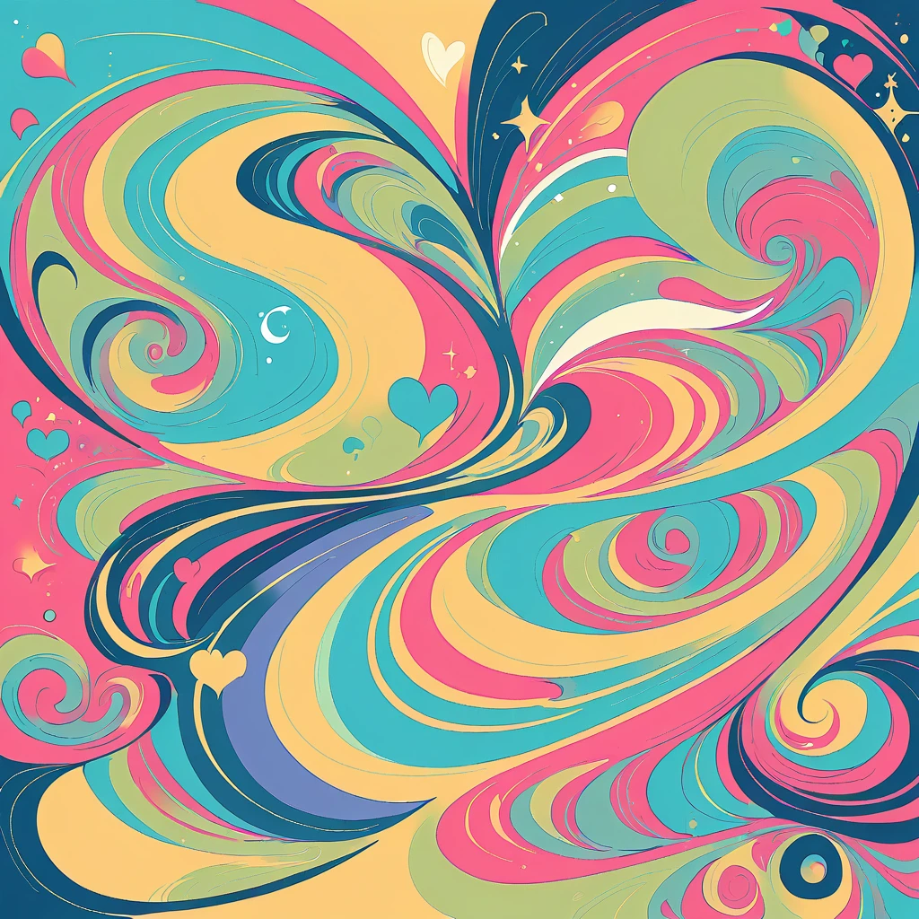 Seizo Watase style, Simple Line Initialism,Abstract art,Urban Background, colorful hearts ,No people, dreams