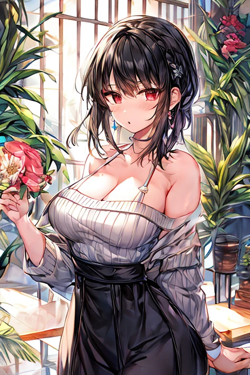 masterpiece, yor, 1girl, Amazing Cleavage:1.3, thin waist, big ass, Raised , medium breast: 1.8 posed cleavage:1.2、solo, looking at viewer, open mouth, have a cup of coffee,black hair, red eyes, dress, bare shoulders, jewelry, collarbone, sidelocks, hairband, earrings, indoors, off shoulder, :o, sweater, arms behind back, plant, short hair with long locks, white hairband, off-shoulder dress, sweater dress, off-shoulder sweater, red sweater, big side hair, very long side hair,is rendered in (masterpiece: 1.2, best quality), with (ultra high resolution) and an exquisite (depth of field). This masterpiece is not only visually stunning but also tells, make of cake cooking ,in the kitchen
