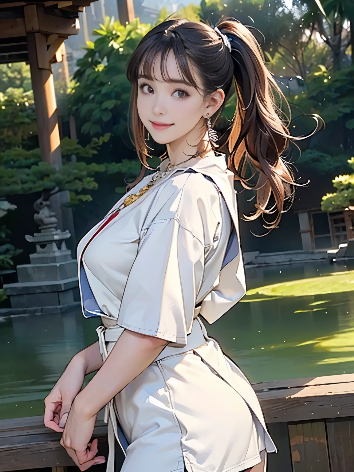((((highest quality))))、(((Ultra-precision CG16K wallpaper)))、(((masterpiece)))、(((Super detailed)))、(((Extreme detail)))、((１Mature 29 year old woman:1.6))、((Very beautiful Japan face of a person))、((Urizane Face:1.6))、((Soft wavy medium long ponytail hair、blunt bangs:1.3))、(Shiny brown hair)、A delicately drawn beautiful face、High nose、Small nostrils、Small Mouth、Seductive lips、Beautiful breasts、((C cup size breasts))、Cleavage、Beautiful feet、eight-headed body、Perfect proportions、Perfect Anatomy、Perfect composition、Beautiful detailed shading、Beautiful, natural lighting、Beautiful detail glow、Depth of written boundary、(((High chroma)))、(((Real:1.9)))、((vivid:1.5))、((Beautiful Skin))、((Skin Texture))、((Realな皮膚感))、(((Cowboy Shot:1.6)))、((front view、shoot from front、front low angle:1.6))、(((smile:1.7)))、((The woman is looking at this、looking at viewer:1.6))、Bright daylight、Natural light、(((Japanese garden:1.5)))、(((Off-white judo uniform:1.6)))、((necklace、Wearing earrings:1.5))、((Knee socks clothing:1.3))、