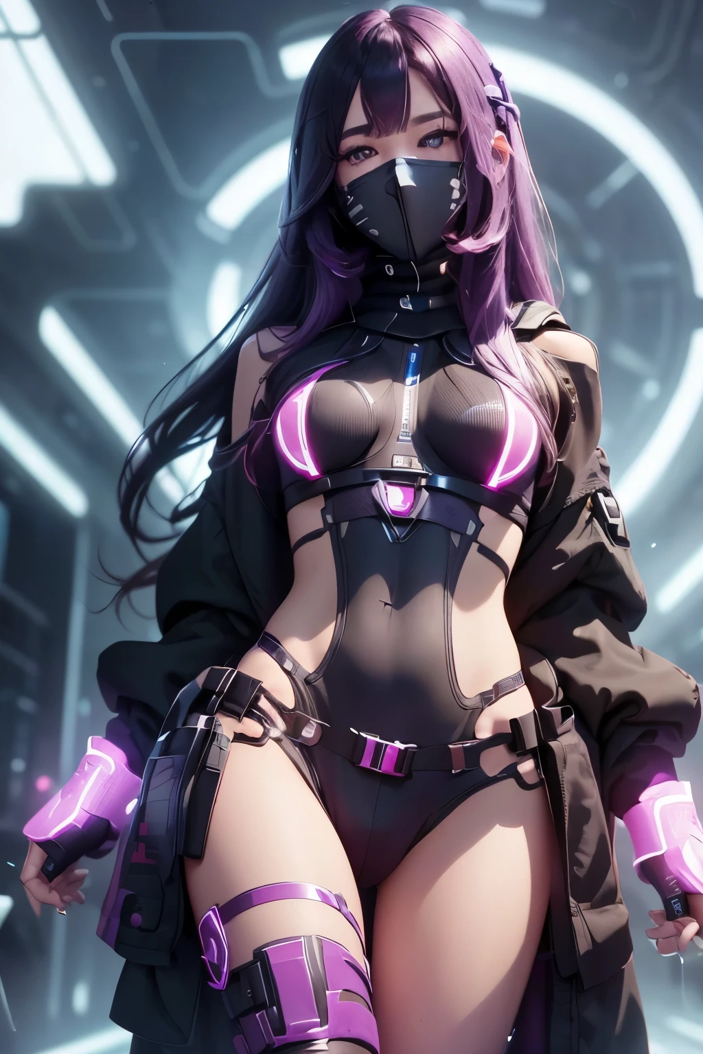 A futuristic girl with dark skin, purple colored eyes, long purple, blue, and pink hair, in a futuristic coffee shop setting, (best quality,8k,highres,masterpiece:1.2),ultra-detailed,(realistic,photorealistic,photo-realistic:1.37),intricate details, dynamic lighting, volumetric fog, cinematic composition, vibrant colors, sci-fi, cyberpunk, moody atmosphere