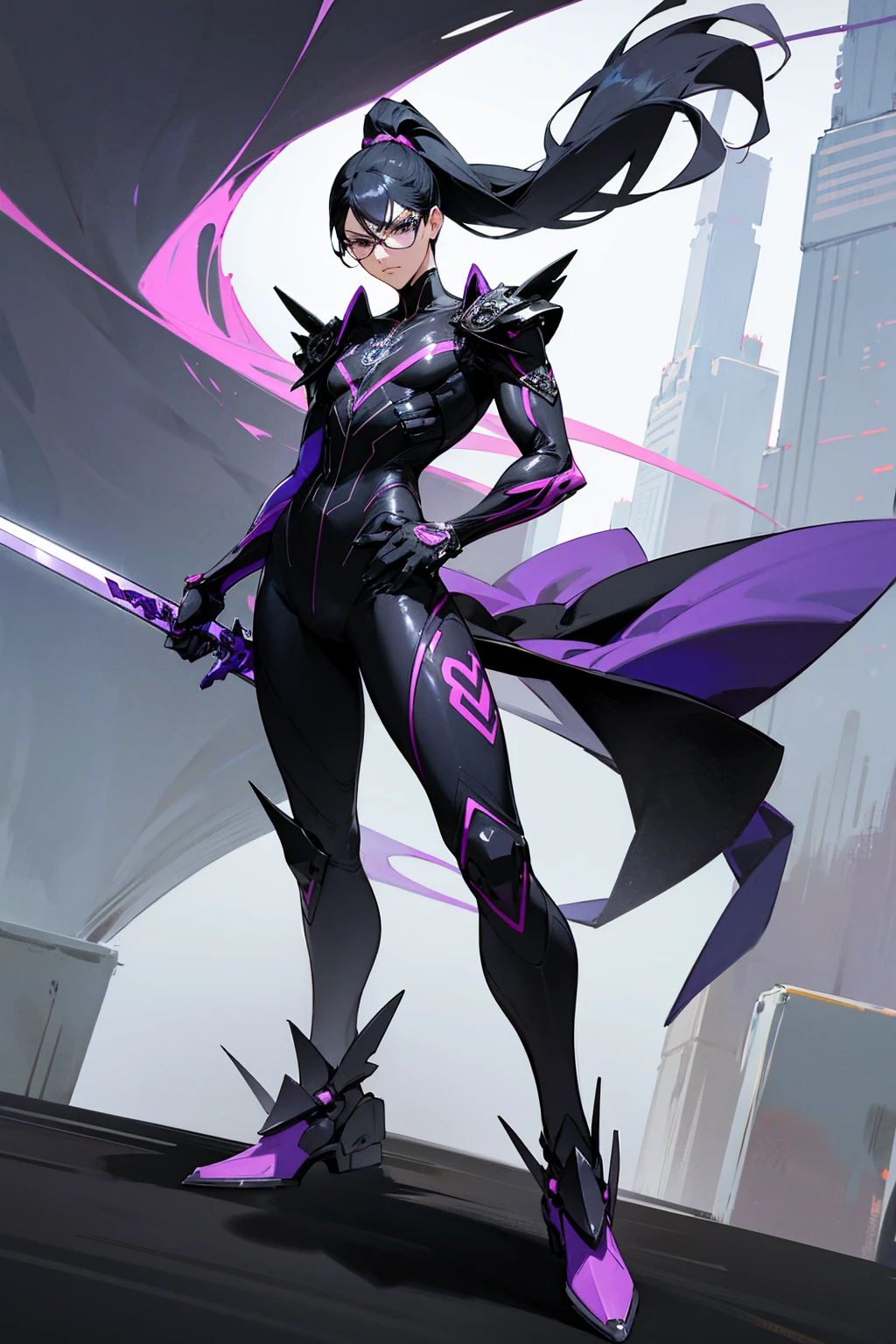 1male, black hair with purple tint, black eyes, ponytail, facial hair, bayonetta sword, full body combat suit, expressionless, black suit with white accents, city background, standing on path, hands behind back