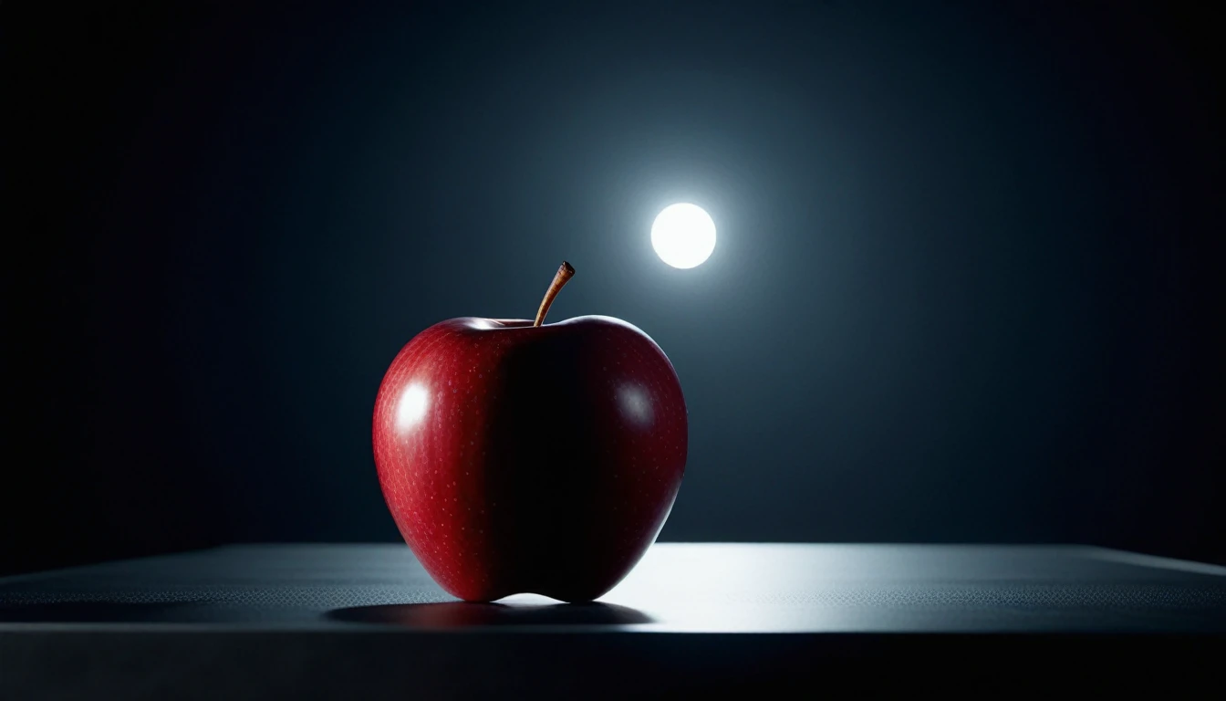 Photo of (an apple:0.5) that looks like (a shark:0.7), cinematic, movie still, dramatic lighting, keylighting