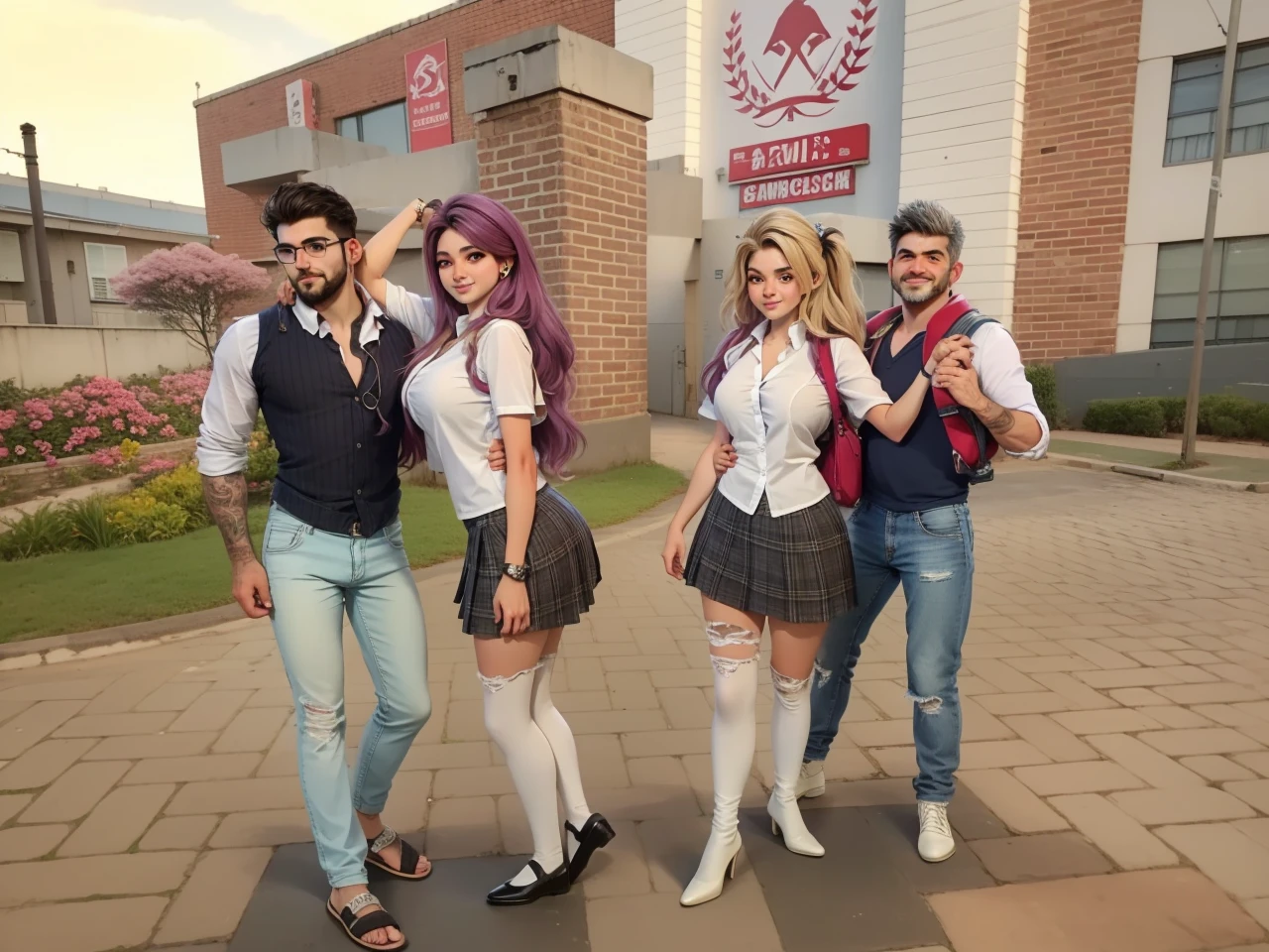 Best quality, casal, ambiente escolar, 20 anos, camisa com gravata, Jeans, saia, cabelos longos curto, sapatos brancos