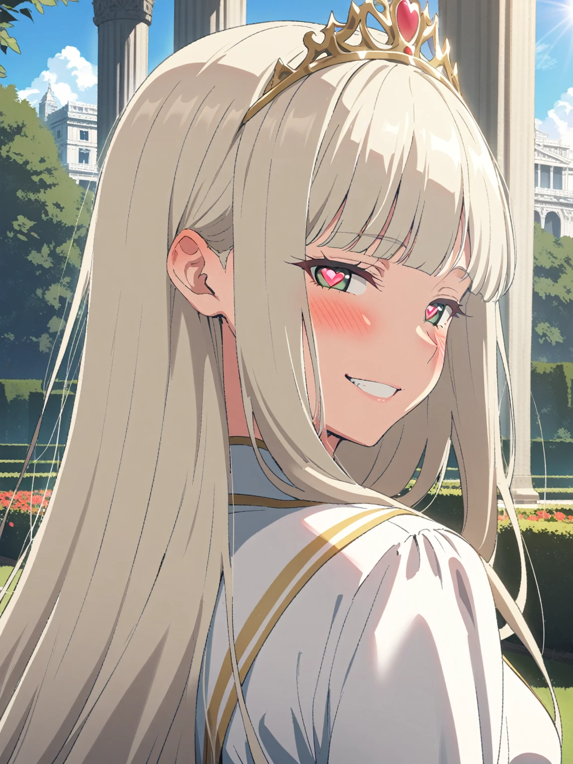 {{portrait, face focus}} {{Artist: Sincos}} 1 woman, solo, mature female, elegant, princess, medium breasts, platinum blonde hair, long hair, straight hair, hime cut, green eyes, white dress, gold trim, tiara, looking at viewer, blush, bright smile, teeth, half-closed eyes, heart-shaped pupils, outdoors, garden, palace, sunny, window.
