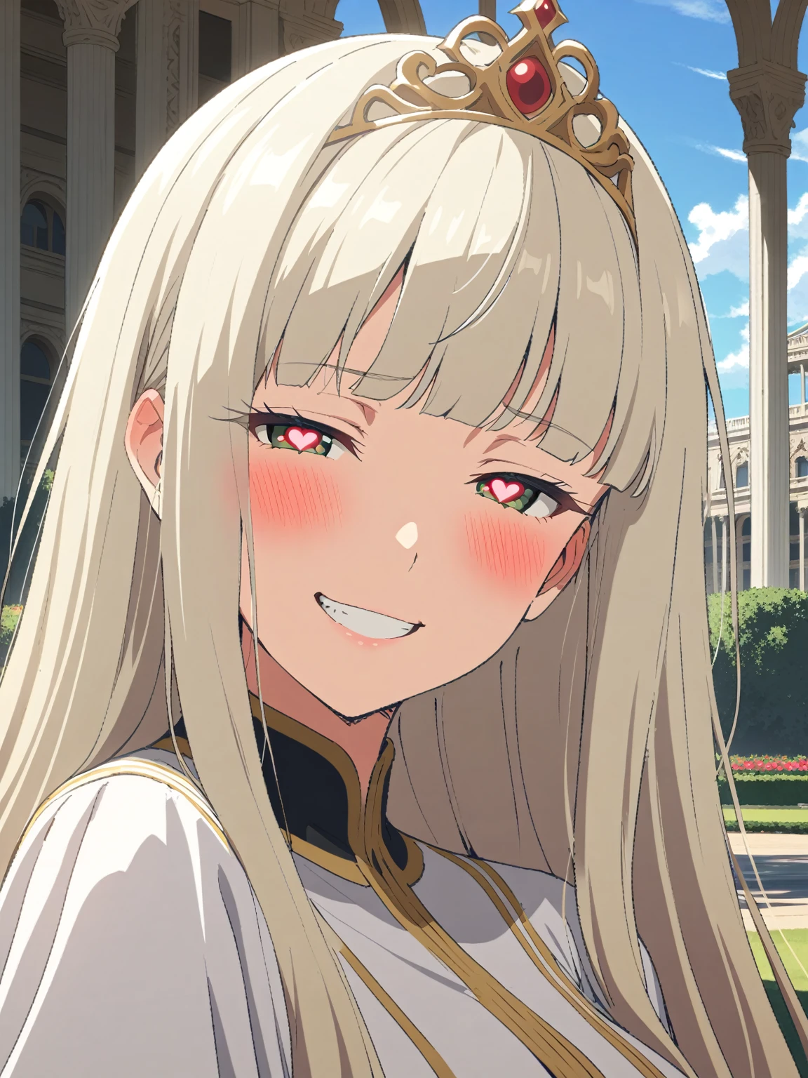{{portrait, face focus}} {{Artist: Sincos}} 1 woman, solo, mature female, elegant, princess, medium breasts, platinum blonde hair, long hair, straight hair, hime cut, green eyes, white dress, gold trim, tiara, looking at viewer, blush, bright smile, teeth, half-closed eyes, heart-shaped pupils, outdoors, garden, palace, sunny, window.
