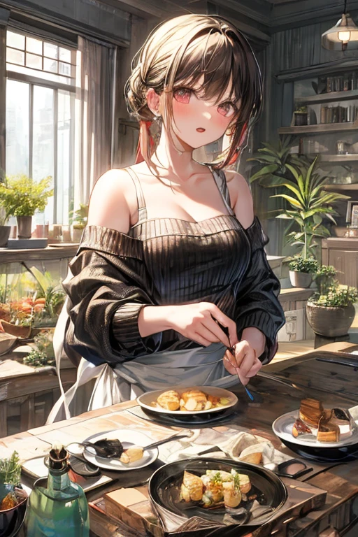 masterpiece, yor, 1girl, Amazing Cleavage:1.3, thin waist, big ass, Raised sexy, medium breast: 1.8 posed cleavage:1.2、solo, looking at viewer, open mouth, have a cup of coffee,black hair, red eyes, dress, bare shoulders, jewelry, collarbone, sidelocks, hairband, earrings, indoors, off shoulder, :o, sweater, arms behind back, plant, short hair with long locks, white hairband, off-shoulder dress, sweater dress, off-shoulder sweater, red sweater, big side hair, very long side hair,is rendered in (masterpiece: 1.2, best quality), with (ultra high resolution) and an exquisite (depth of field). This masterpiece is not only visually stunning but also tells, make of cake cooking ,in the kitchen