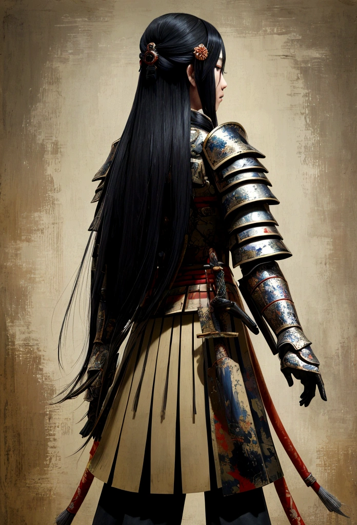 a picture of Japanese female knight, she has long black hair, wearing samurai armor, armed with a katana, ready for battle, ((shot taken from the back)), Japanese fantasy art, (Masterpiece: 1.5), 16k, highres, best quality, high details, ultra detailed, masterpiece, best quality, (extremely detailed), arafed, dnd art, JapaneseKatana