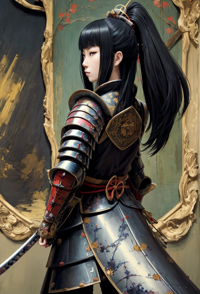 a picture of Japanese female knight, she has long black hair, wearing samurai armor, armed with a katana, ready for battle, ((shot taken from the back)), Japanese fantasy art, (Masterpiece: 1.5), 16k, highres, best quality, high details, ultra detailed, masterpiece, best quality, (extremely detailed), arafed, dnd art, JapaneseKatana