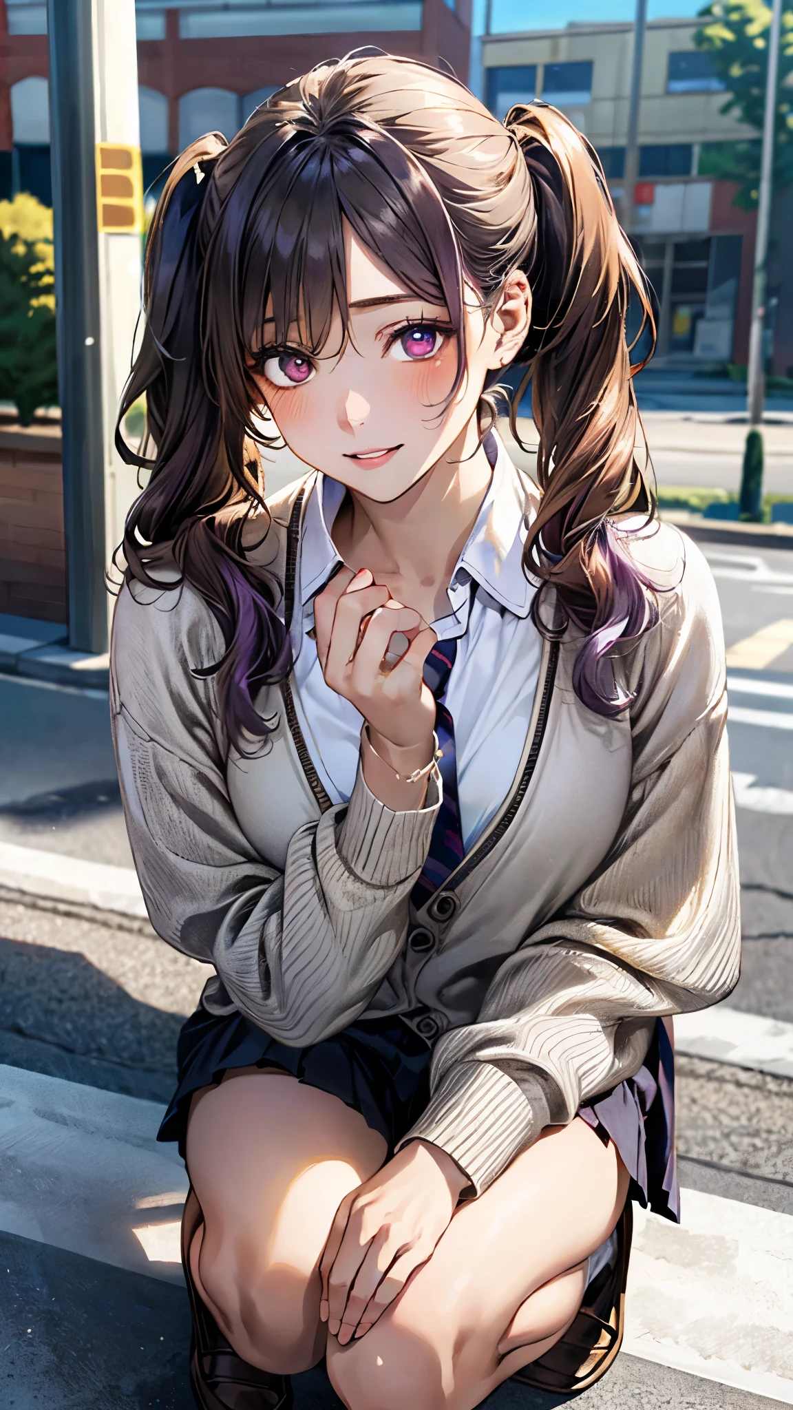 (masterpiece:1.3, Highest quality, Ultra-high resolution, Super detailed), (Realistic, photoRealistic:1.4), Beautiful illustrations, Perfect lighting, Natural light, colorful, Depth of written boundary, ,
Beautiful detailed hair, Beautifully detailed face, Beautiful attention to detail, Beautiful clavicle, Beautiful body, Beautiful breasts, Beautiful thighs, Beautiful feet, Beautiful fingers, Shiny skin,
View your viewers, 1 Girl, high school girl, (Perfect Anatomy, Anatomically correct, Highly detailed skin), Cute and symmetrical face, Baby Face, Perfect Face, Perfect Eyes, thin,
(Long Hair:1.5, Low twin tails:1.5, Light purple hair), Swept-apart bangs, Golden Eyes, Droopy eyes, Big eyes, Long eyelashes, (Medium chest, Captivating thighs), Skin gingiva,
(Detailed cloth texture, Long sleeve light brown cardigan:1.2, White collared shirt, Light grey pleated skirt), White thigh high, Dark red tie,
(Beautiful views), Daytime, (pedestrian crossing:1.1), Spread your legs while squatting, (Cute smile, Upward glance, Part your lips),