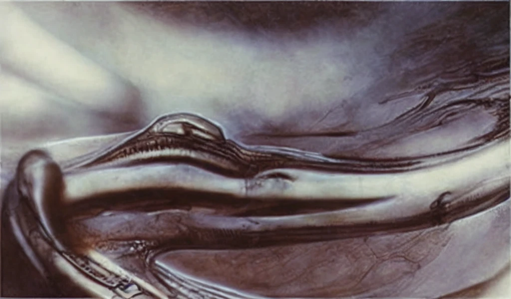 airbrush painting, sensual and sexual painting of a skull in HRGigerArhP style, abstract, mechanical chaos, muted colors,