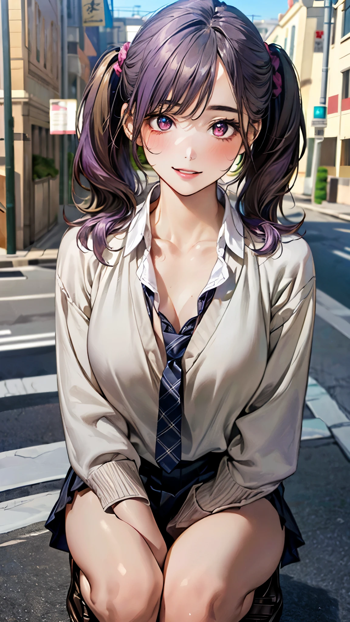 (masterpiece:1.3, top-quality, ultra high res, ultra detailed), (realistic, photorealistic:1.4), beautiful illustration, perfect lighting, natural lighting, colorful, depth of fields, ,
beautiful detailed hair, beautiful detailed face, beautiful detailed eyes, beautiful clavicle, beautiful body, beautiful chest, beautiful thigh, beautiful legs, beautiful fingers, shiny skin,
looking at viewer, 1 girl, high school girl, (perfect anatomy, anatomically correct, super detailed skin), cute and symmetrical face, babyface, perfect face, perfect eyes, slender,
(long hair:1.5, low twintails:1.5, light purple hair), swept bangs, gold eyes, drooping eyes, big eyes, long eye lasher, (medium breasts, seductive thighs), skin dendation,
(detailed cloth texture, long sleeves light brown cardigan:1.2, white collared shirt, light grey pleated skirt), white thigh-high, dark red tie,
(beautiful scenery), day time, (crosswalk:1.1), squatting, (lovely smile, upper eyes, parted lips),