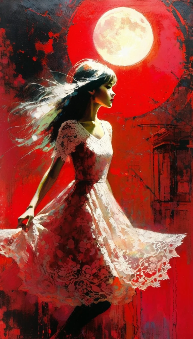 girl lace dress ,red backdrop, a bright moon (inspirational art by Bill Sienkiewicz, oil painting, brush stroke details that enhance depth)
