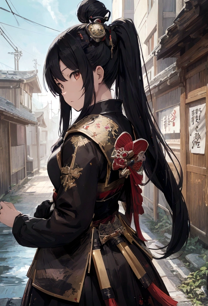 a picture of Japanese female knight, she has long black hair, wearing samurai armor, armed with a katana, ready for battle, ((shot taken from the back)), Japanese fantasy art, (Masterpiece: 1.5), 16k, highres, best quality, high details, ultra detailed, masterpiece, best quality, (extremely detailed), arafed, dnd art, JapaneseKatana