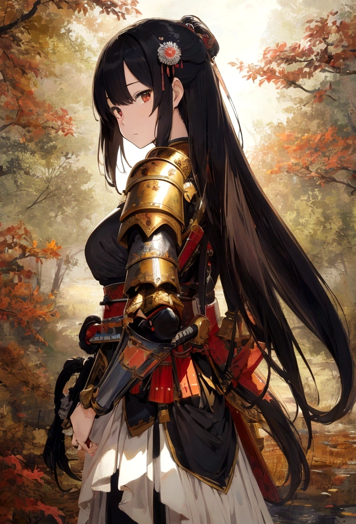 a picture of Japanese female knight, she has long black hair, wearing samurai armor, armed with a katana, ready for battle, ((shot taken from the back)), Japanese fantasy art, (Masterpiece: 1.5), 16k, highres, best quality, high details, ultra detailed, masterpiece, best quality, (extremely detailed), arafed, dnd art, JapaneseKatana