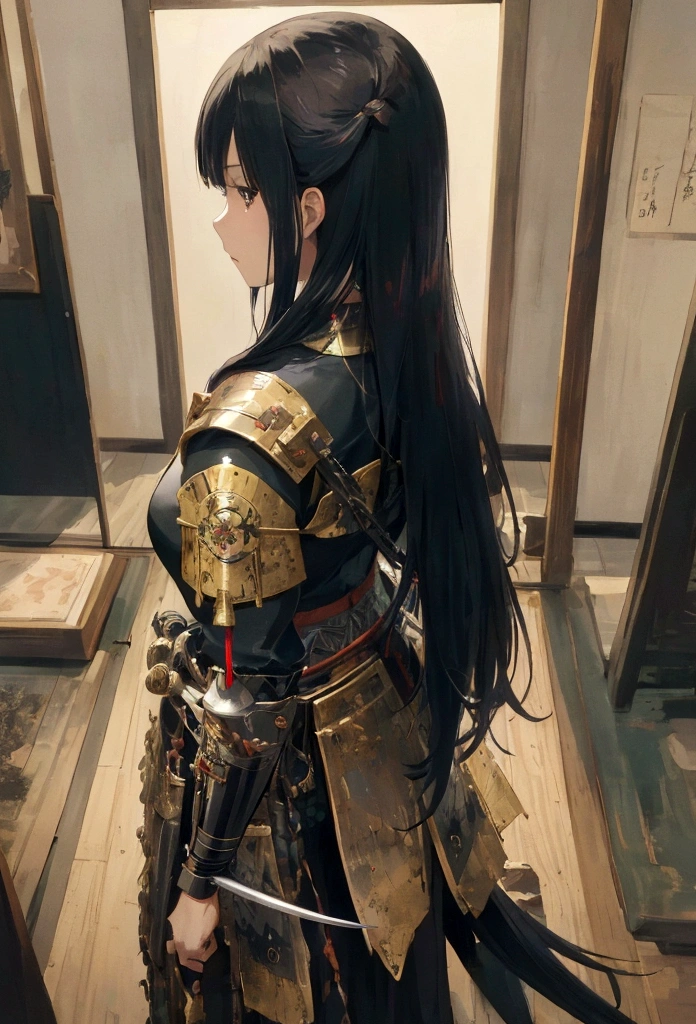 a picture of Japanese female knight, she has long black hair, wearing samurai armor, armed with a katana, ready for battle, ((shot taken from the back)), Japanese fantasy art, (Masterpiece: 1.5), 16k, highres, best quality, high details, ultra detailed, masterpiece, best quality, (extremely detailed), arafed, dnd art, JapaneseKatana