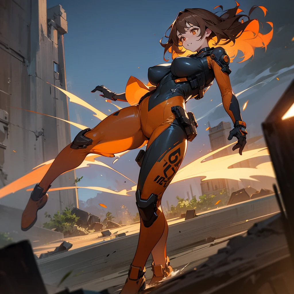 1female, young adult, big , finely detailed orange eyes, wild medium hair, brown hair, full body combat suits, standing on ruined building, night time, excited expression,