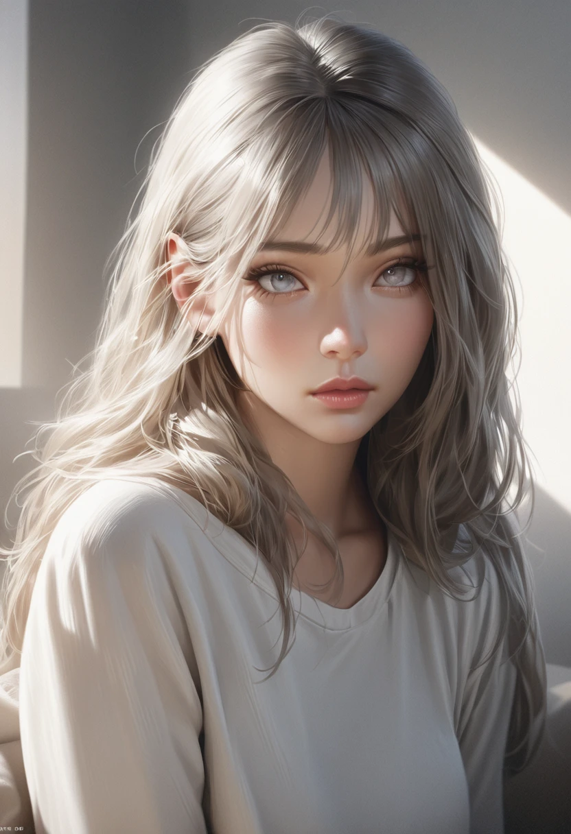 a girl with gray long hair, white eyes, sleeping on a blank white background, emotionless and expressionless, (best quality,4k,8k,highres,masterpiece:1.2),ultra-detailed,(realistic,photorealistic,photo-realistic:1.37),white room, blank paper girl, beautiful detailed eyes, beautiful detailed lips, extremely detailed eyes and face, long eyelashes, minimalist, clean, soft lighting, natural, peaceful, serene