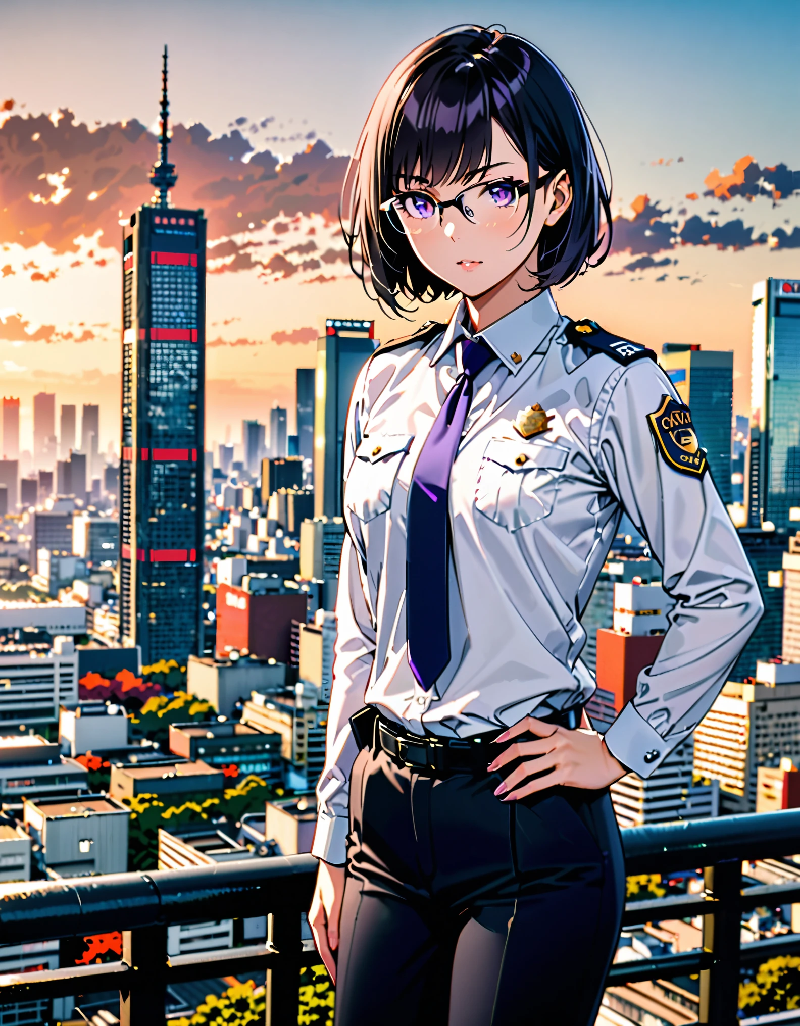 masterpiece, best quality, medium breasts, solo, (jet black hair, short hair, bob hair, purple eyes, bangs), (full body), city backdrop, tokyo city backdrop, solo, single, hands on hip, standing, japanese police uniform, glasses, (white shirt), (black pants, tie), matching shoes, badge, (perfect hands, perfect anatomy), cowboy shot, superhero, ((beautiful detailed eyes)).
