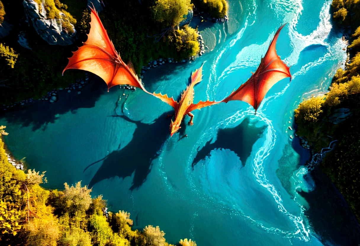 ((picture taken from above of dragon: 1.5)), digital art, arafed, a picture of a dragon flying above a river, its shadow is cast on the water dragon wings spread wide, dynamic color dragon, you see the back of the dragon, its majestic wings, its tail and river it is flying above, the shadow of dragon in the river, , Wide-Angle, Ultra-Wide Angle, dynamic light, Cinematic Hollywood Film style