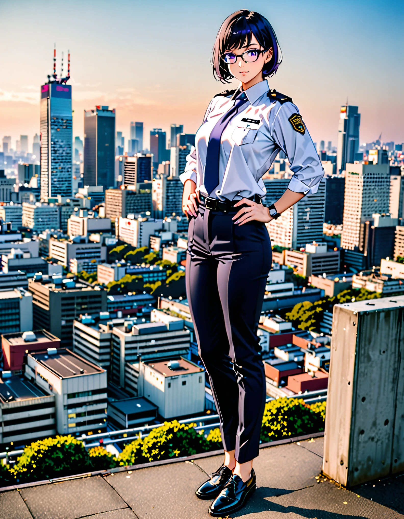 masterpiece, best quality, medium breasts, solo, (jet black hair, short hair, bob hair, purple eyes, bangs), (full body), city backdrop, tokyo city backdrop, solo, single, hands on hip, standing, japanese police uniform, glasses, (white shirt), (black pants, tie), matching shoes, badge, (perfect hands, perfect anatomy), cowboy shot, superhero, ((beautiful detailed eyes)).