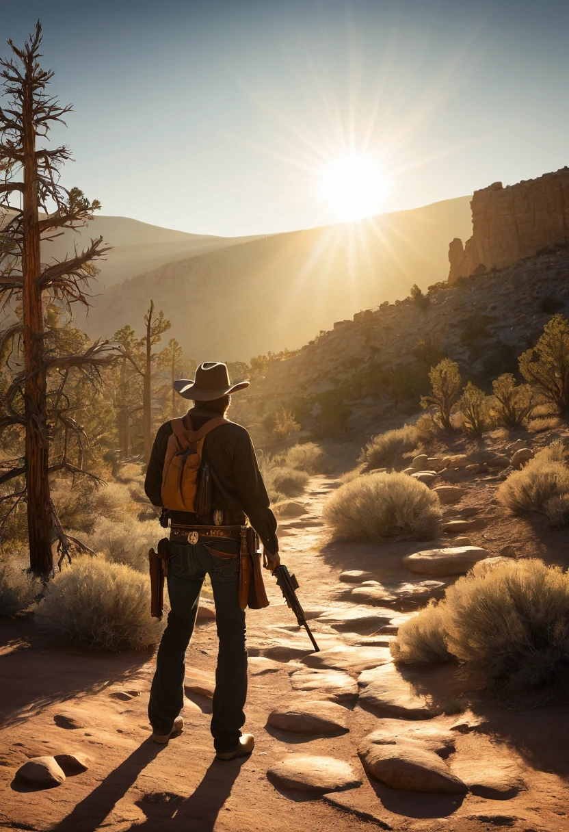 Back View, Western wilderness, gunman, and scorching sun,