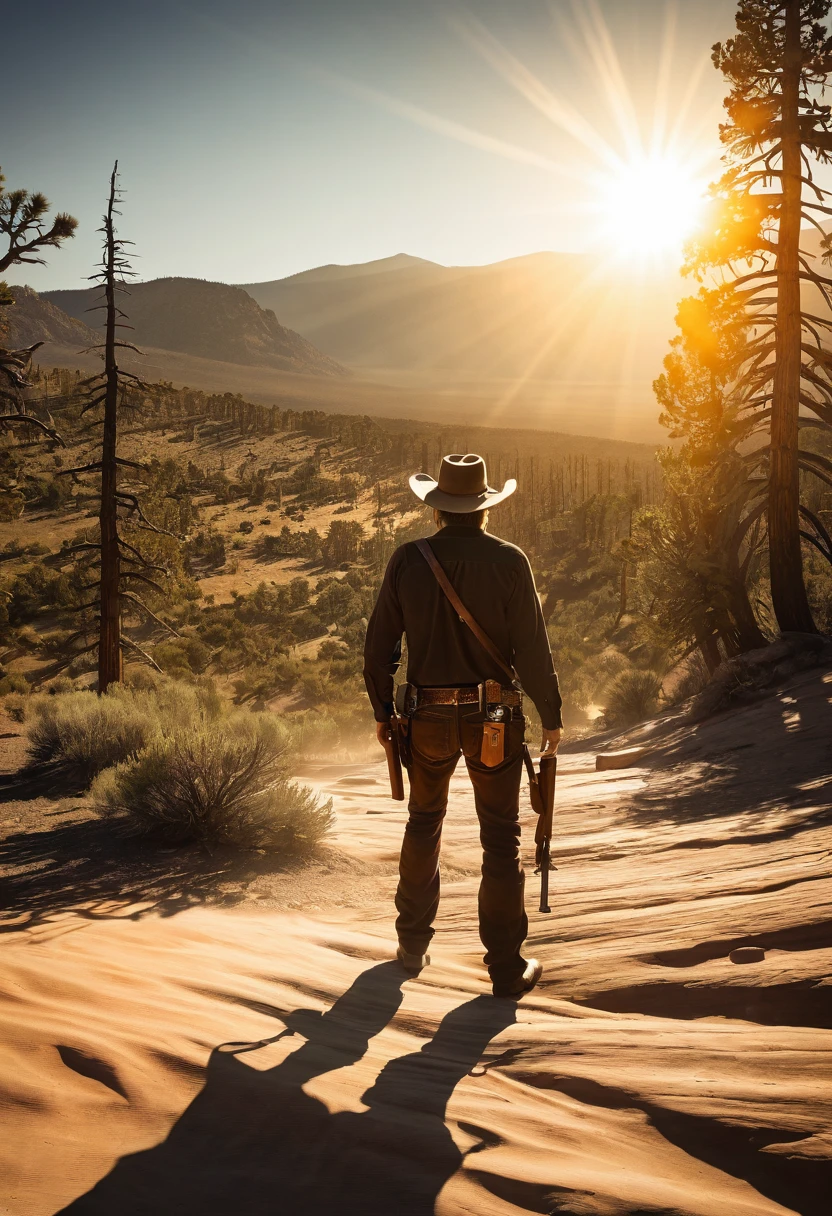 Back View, Western wilderness, gunman, and scorching sun,