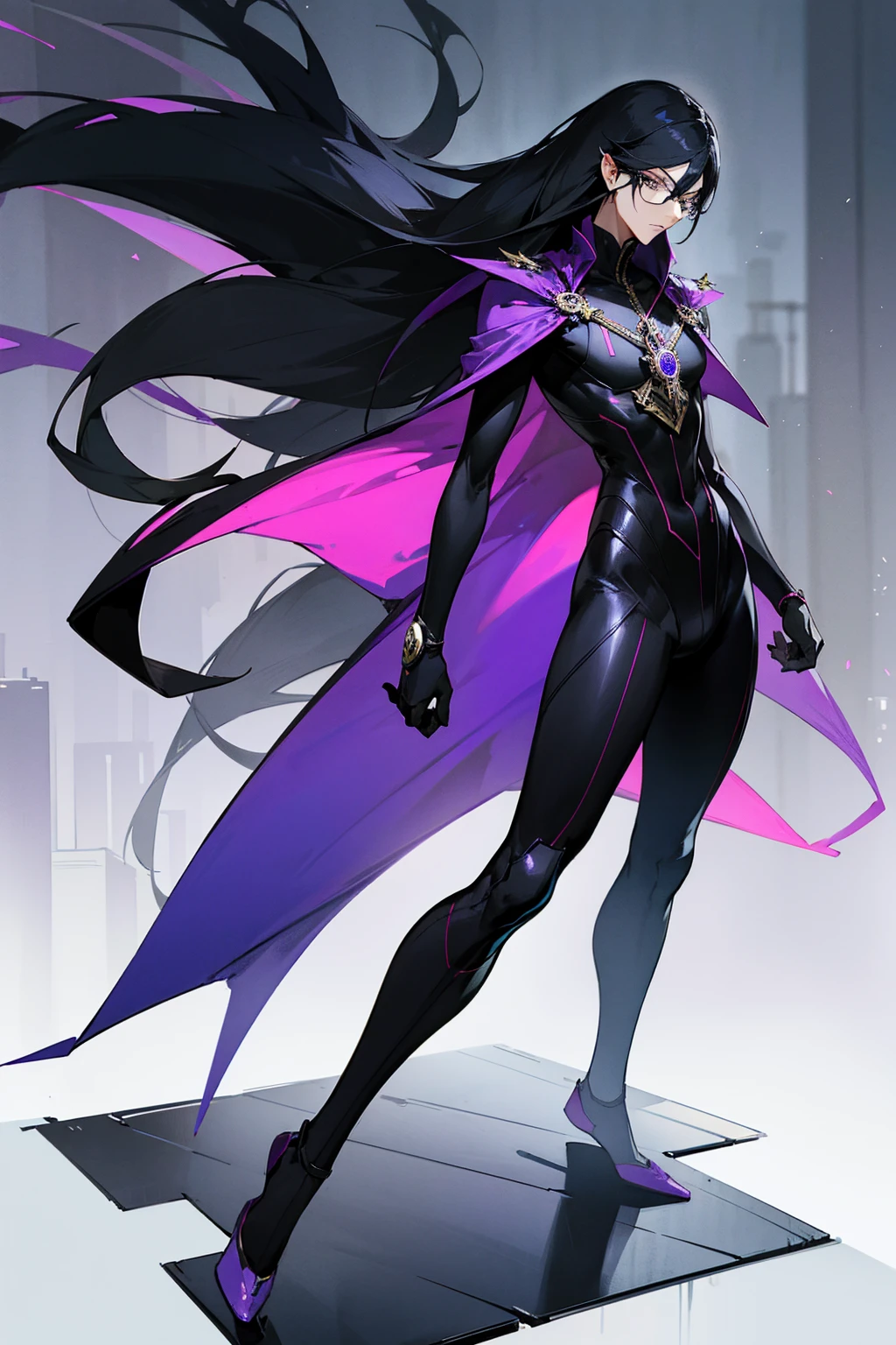 1male, black hair with purple tint, flowing hair, bayonetta sword, full body combat suit, expressionless, black suit with white accents, city background, standing on path, hands behind back