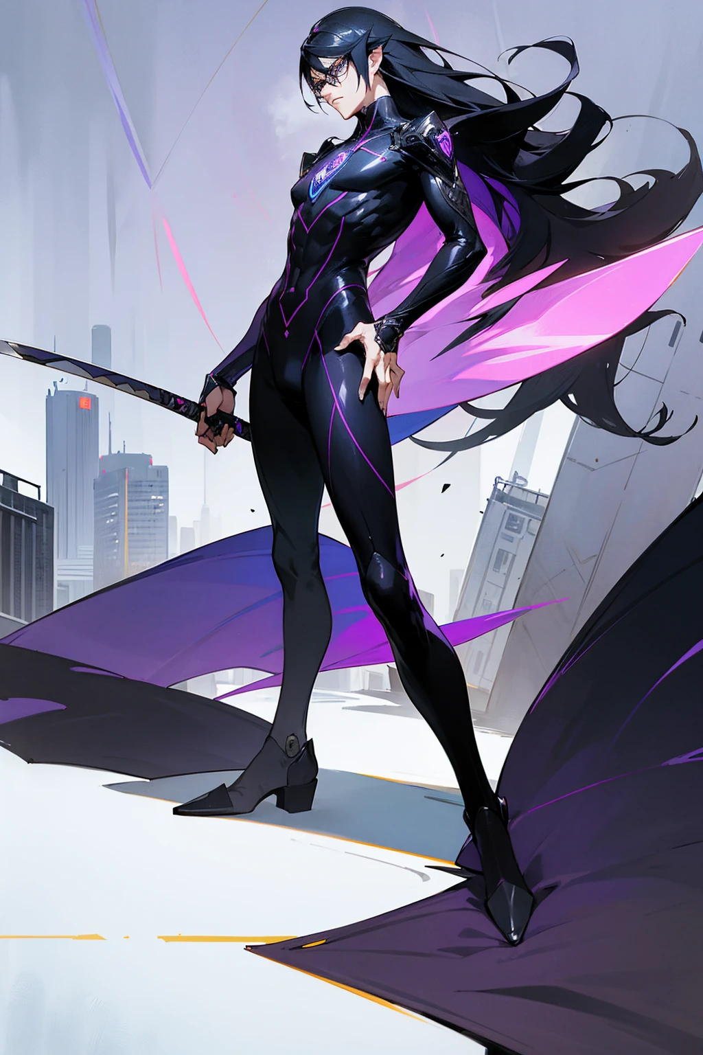 1male, black hair with purple tint, flowing hair, bayonetta sword, full body combat suit, expressionless, black suit with white accents, city background, standing on path, hands behind back