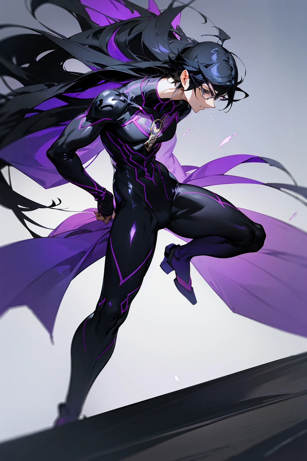 1male, black hair with purple tint, flowing hair, bayonetta sword, full body combat suit, expressionless, black suit with white accents, city background, standing on path, hands behind back