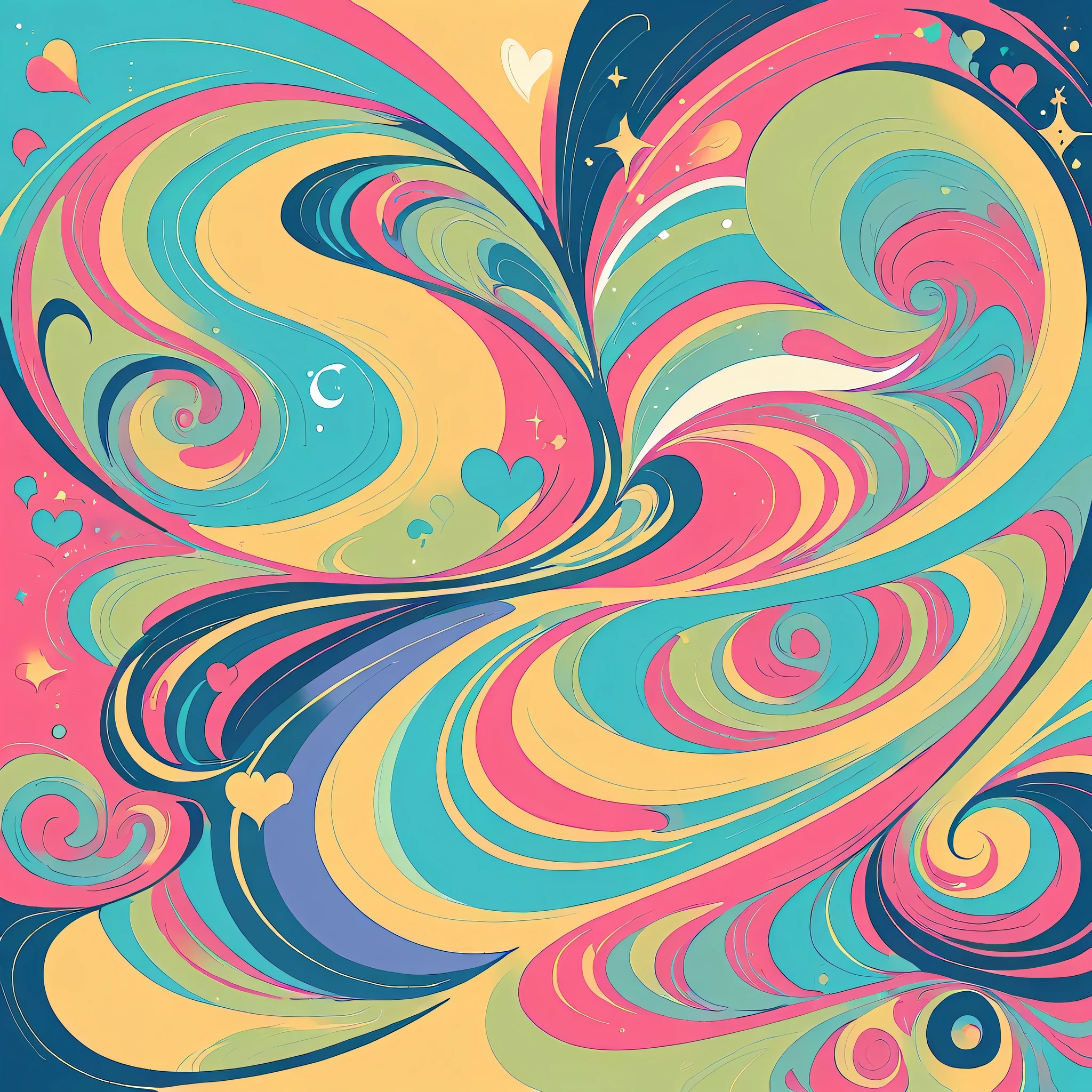 Seizo Watase style, Simple Line Initialism,Abstract art,Urban Background, colorful hearts ,No people, dreams