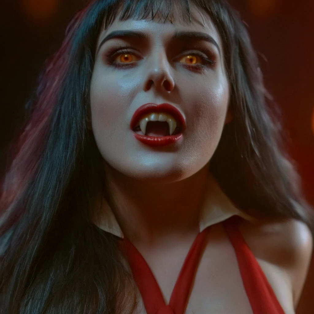 cinematic film still of  vampirella a vampire yellow eyes red lips long hair woman with fangs teeth staring at camera, shallow depth of field, vignette, highly detailed, high budget, bokeh, cinemascope, moody, epic, gorgeous, film grain, grainy