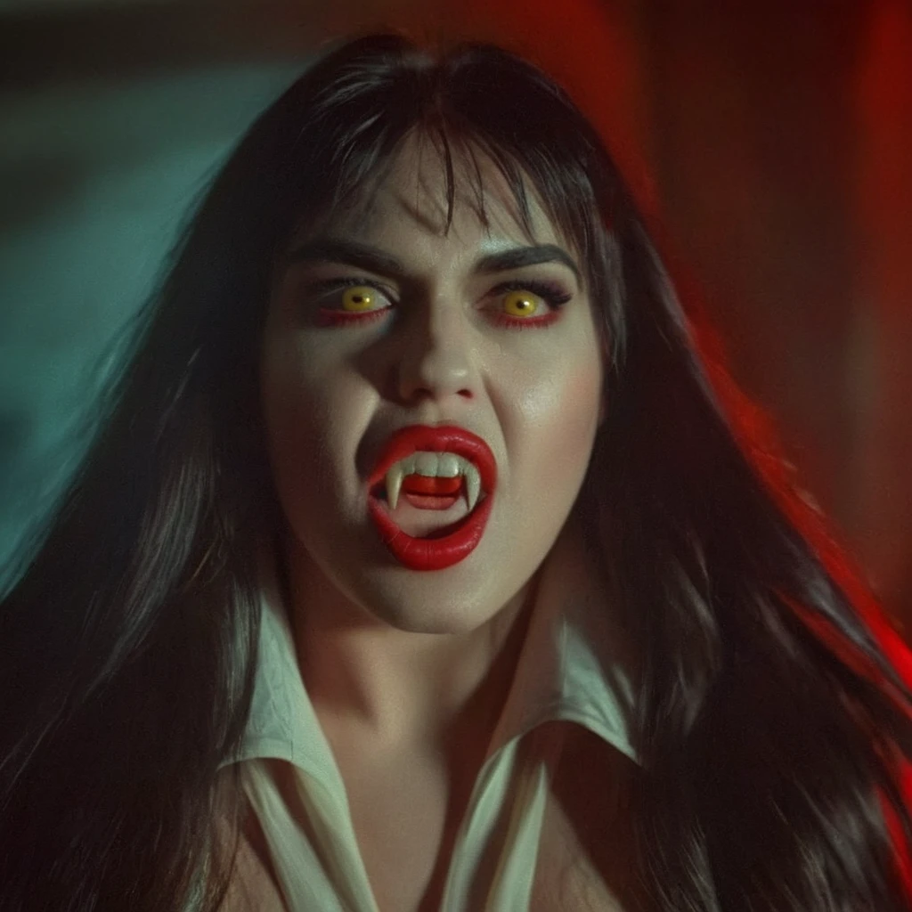 cinematic film still of  vampirella a vampire yellow eyes red lips long hair woman with fangs teeth staring at camera, shallow depth of field, vignette, highly detailed, high budget, bokeh, cinemascope, moody, epic, gorgeous, film grain, grainy