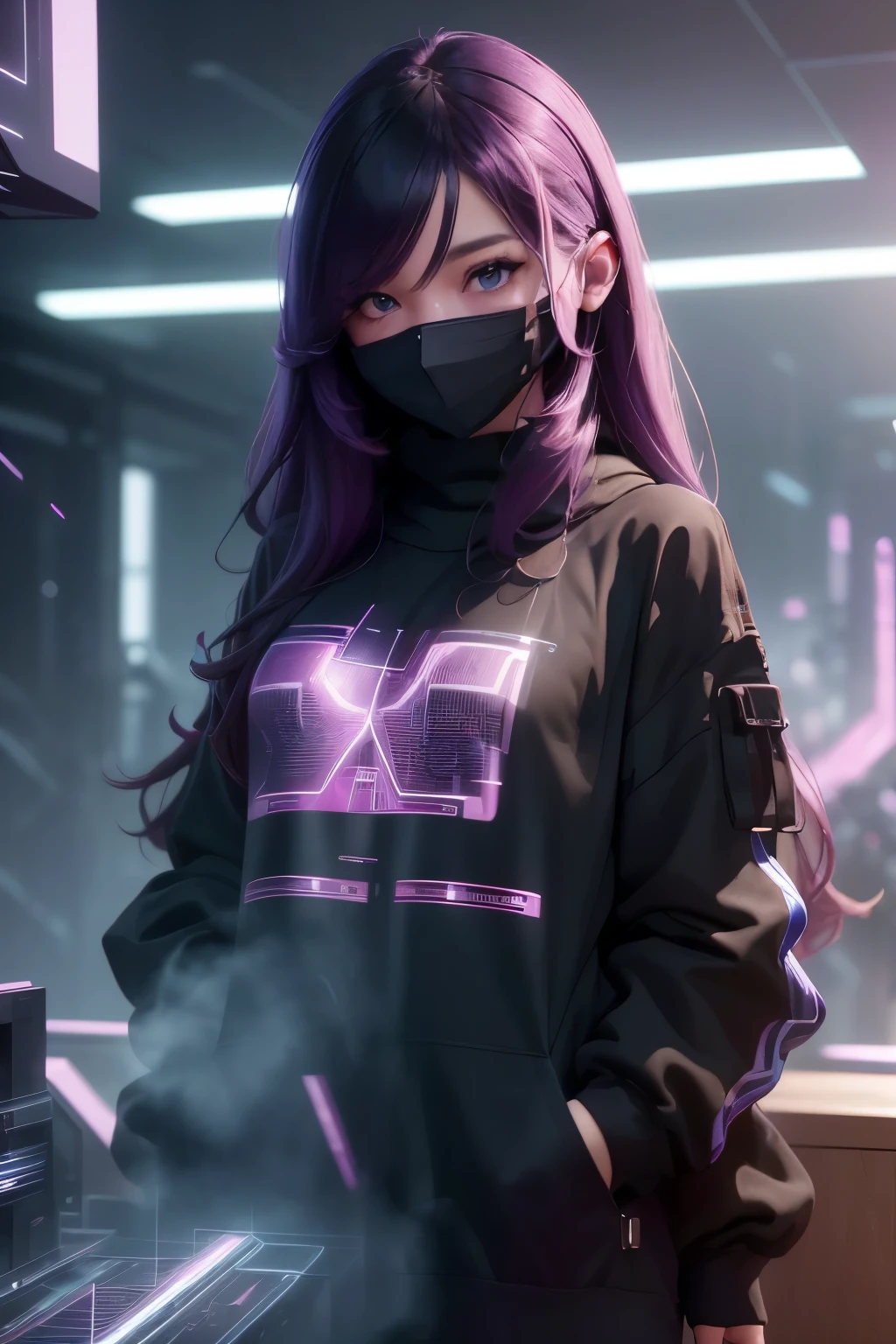 A futuristic girl with dark skin, purple colored eyes, long purple, blue, and pink hair, in a futuristic coffee shop setting, (best quality,8k,highres,masterpiece:1.2),ultra-detailed,(realistic,photorealistic,photo-realistic:1.37),intricate details, dynamic lighting, volumetric fog, cinematic composition, vibrant colors, sci-fi, cyberpunk, moody atmosphere