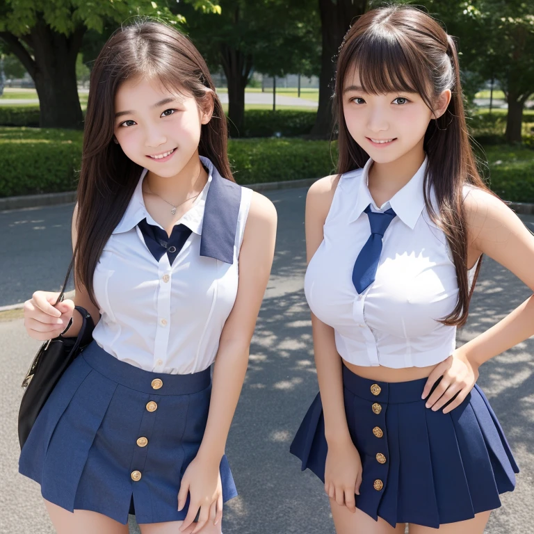 (high quality)、(high resolution)、Two  high school students、Looking at me with a smile、whole body、Big Breasts、Sleeveless shirt with buttons and collar、Tight mini skirt、Erect nipples