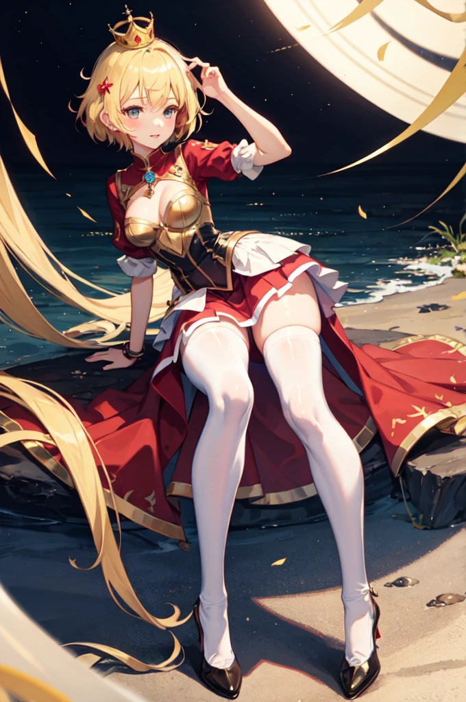 Fantasy s old princess blonde hair red colour short skirt white long stockings black colour shoes little crown on her head sexy