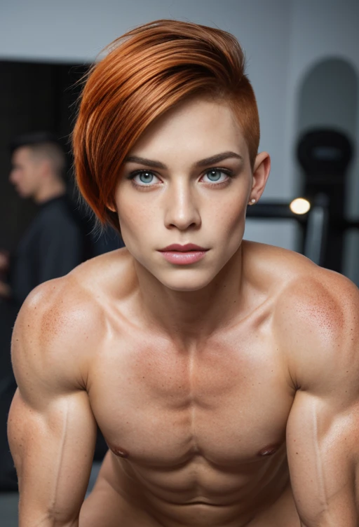 man head shape with sharp facial bone and woman facial feature, (((Extremely ginormous muscular ifbb pro Attractive androgynous mix gender ginger male with freckle and flat masculine chested flat chested:1.4))),
(((Masculin male face:1.3)))),
85 mm art lens, f 1.2, sharp focus, 8 k high definition, ultra detailed, photorealistic, masterpiece, perfect fingers, UHD 8k, solo androgynous, realistic image, high detail, photo quality, best quality, ultra-detailed, masterpiece, finely detail, realistic skin texture, sharp focus, insanely detailed, intricate, detailed girl face, smooth skin, rippedshredded, ultra realistic, pansexual female facial feature with male muscular body, detailed face, ultra real androgynous Bisexual face, very detailed skin,
nudity, (((nude cute little pussy:1.1))), (((Attractive female androgynous mix gender))),
(((stand up straight))), (((show thigh up))),
(hair colour fully blue:1.5), (((short bobs cut parting undercut: haircut1.3))), shaved sides head fade,